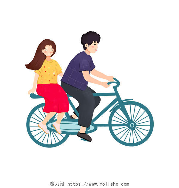 彩色手绘卡通情侣骑自行车情人节元素PNG素材